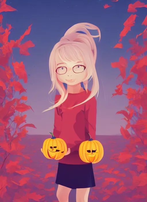 Image similar to little girl with long blonde hair holding a pumpkin. background is skulls. clean cel shaded vector art. shutterstock. behance hd by lois van baarle, artgerm, helen huang, by makoto shinkai and ilya kuvshinov, rossdraws, illustration, art by ilya kuvshinov