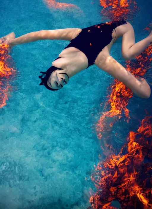 Image similar to underwater view of a beautiful elegant woman swimming in a pool, flames of fire coming up from the bottom of the pool