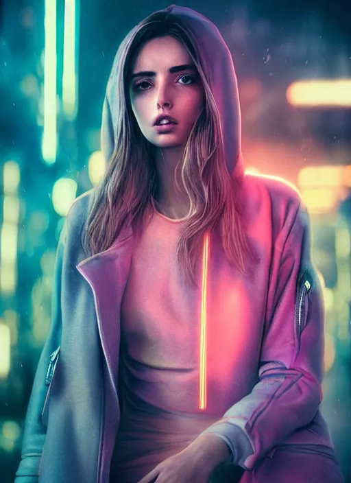 Image similar to A hyper realistic and detailed head portrait photography of Ana De Armas of Blade Runner 2048 in an iridescent hoodie on a futuristic street. by Annie Leibovitz. Neo noir style. Cinematic. neon lights glow in the background. Cinestill 800T film. Lens flare. Helios 44m