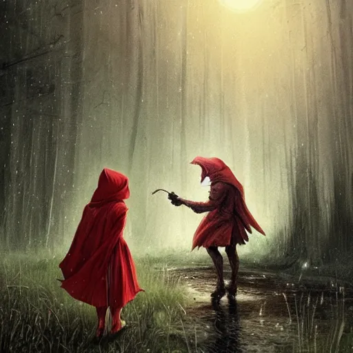 Prompt: Little red riding hood fights a werewolf in the swamp, fireflies, eclipse, raining, detailed intricate ink illustration, dark atmosphere, detailed illustration, hd, 4k, digital art, overdetailed art, concept art, by greg rutkowski, by loish, complementing colors, Trending on artstation, deviantart