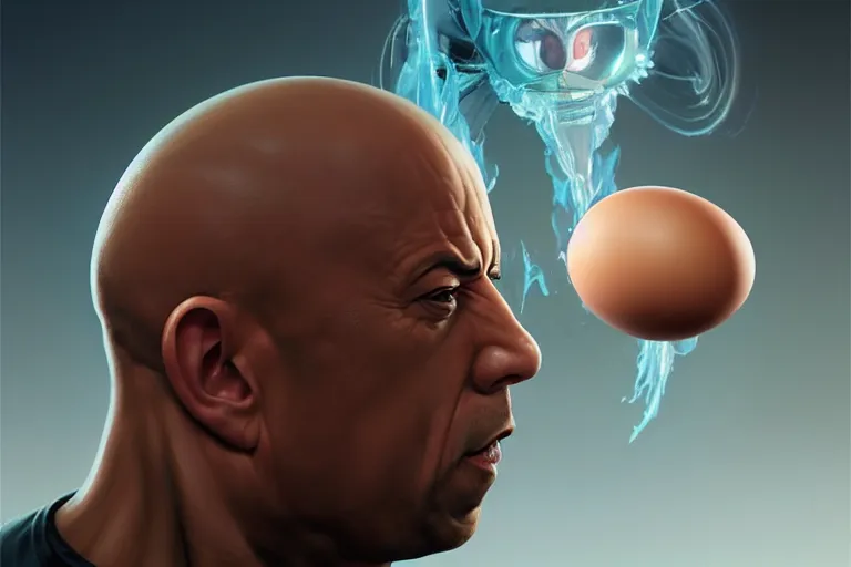 Prompt: an egg cup with vin diesel head inside, hyper detailed, digital art, artstation, cinematic lighting, studio quality, smooth render, by peter mohrbacher, hajime sorayama, boris vallejo, craig mullins