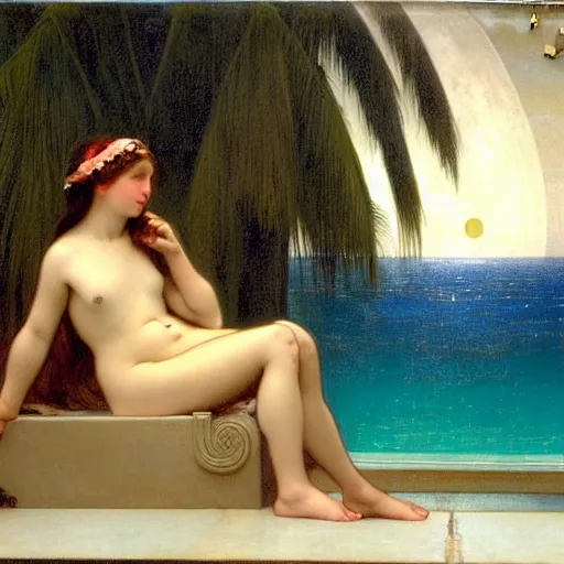 Image similar to Moon girl at the palace, thunderstorm, greek pool, beach and palm trees on the background major arcana sky, by paul delaroche, alphonse mucha and arnold böcklin arnold böcklin hyperrealistic 8k, very detailed