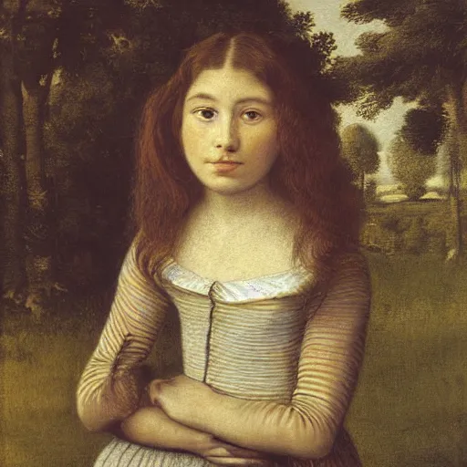 Image similar to Computer art. A young girl stands in the center of the frame, looking off to the side. She wears a school uniform with a short skirt and a striped shirt. The background is a vivid, with wavy lines running through it. soft shadow by Maria Sibylla Merian, by Henri Fantin-Latour washed-out