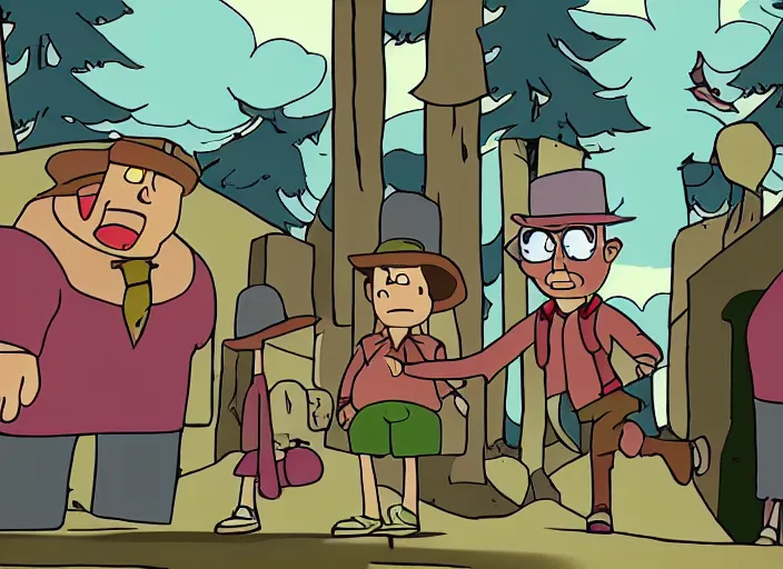 Image similar to still from animated horror movie, animated movie shot, in style of gravity falls