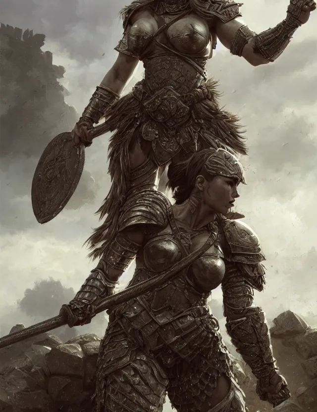 Image similar to muscular female warrior princess wearing heavy plate armor, robust stocky body, at the stone ruins, rpg artwork, hyperdetailed, hyperrealistic, soft light, imposing presence, pino daeni and dan mumford, artstation, intricate metal, smooth, sharp focus