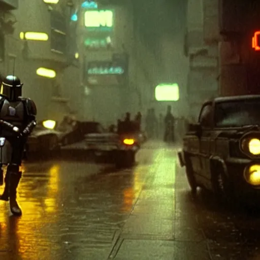 Image similar to Mandalorian in Blade Runner on a rainy city street with cars flying through the background