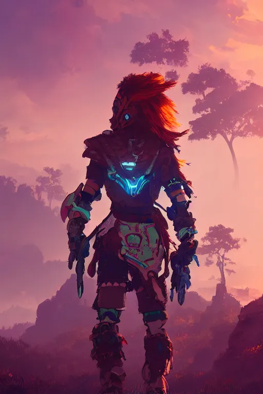 Image similar to combination suit armor aloy horizon forbidden west horizon zero dawn radiating a glowing aura global illumination ray tracing hdr fanart arstation by ian pesty and alena aenami artworks in 4 k tribal robot ninja mask helmet backpack