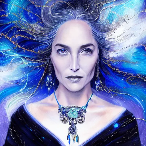 Image similar to masterpiece portrait of an aesthetic elegant mage woman, ice spell, 3 0 years old woman, sharon stone like, soft face, black dynamic hair, wearing silver diadem with blue gems inlays, silver necklace, painting by joachim bergauer and magali villeneuve, atmospheric effects, chaotic blue sparks dynamics in the background, intricate, artstation, instagram, fantasy