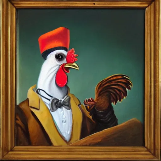 Prompt: a chicken butler, fancy mustache, monocle, highly detail, oil painting , accurate anatomy,