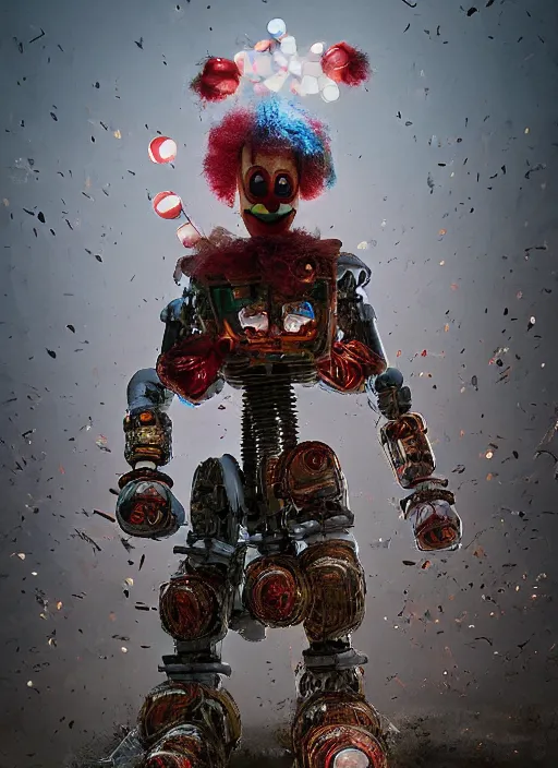 Image similar to Giant Clown from the movie IT as a robot abandoned on a dusky land, artistic pose, cinematic shot, intricate, ornate, photorealistic, ultra detailed, realistic, 100mm, photography, octane, high definition, depth of field, bokeh, 8k, artstation