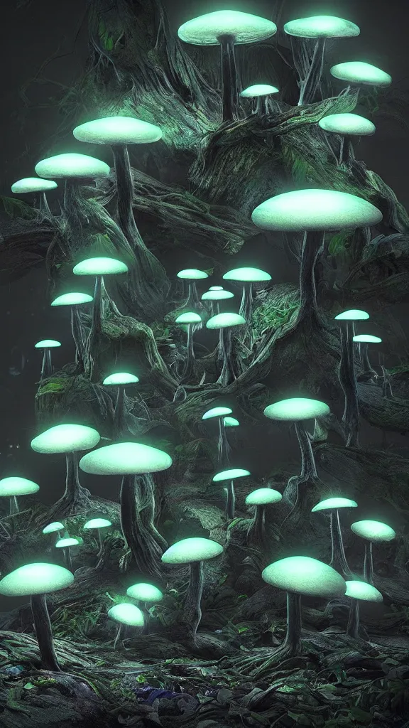 Prompt: “bioluminescent mushrooms, Artstation HQ, photorealistic, hiperrealistic, sharp focus, 4k UHD, Unreal Engine 5, cinematic shot, cinematic lightning, dark tones, high contrast, intricate, masterpiece”