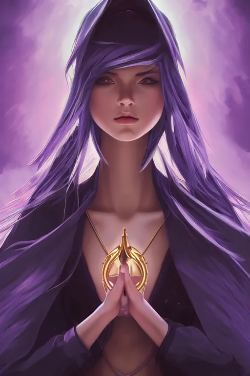 Image similar to YuGiOh, Black Magician Girl, digital painting, portrait, elegant, cinematic lighting, mysterious, highly detailed, artstation, concept art, illustration, smooth, sharp focus, editor's pickup, trending on artstation, trending on deviantart, alphonse mucha, WLOP