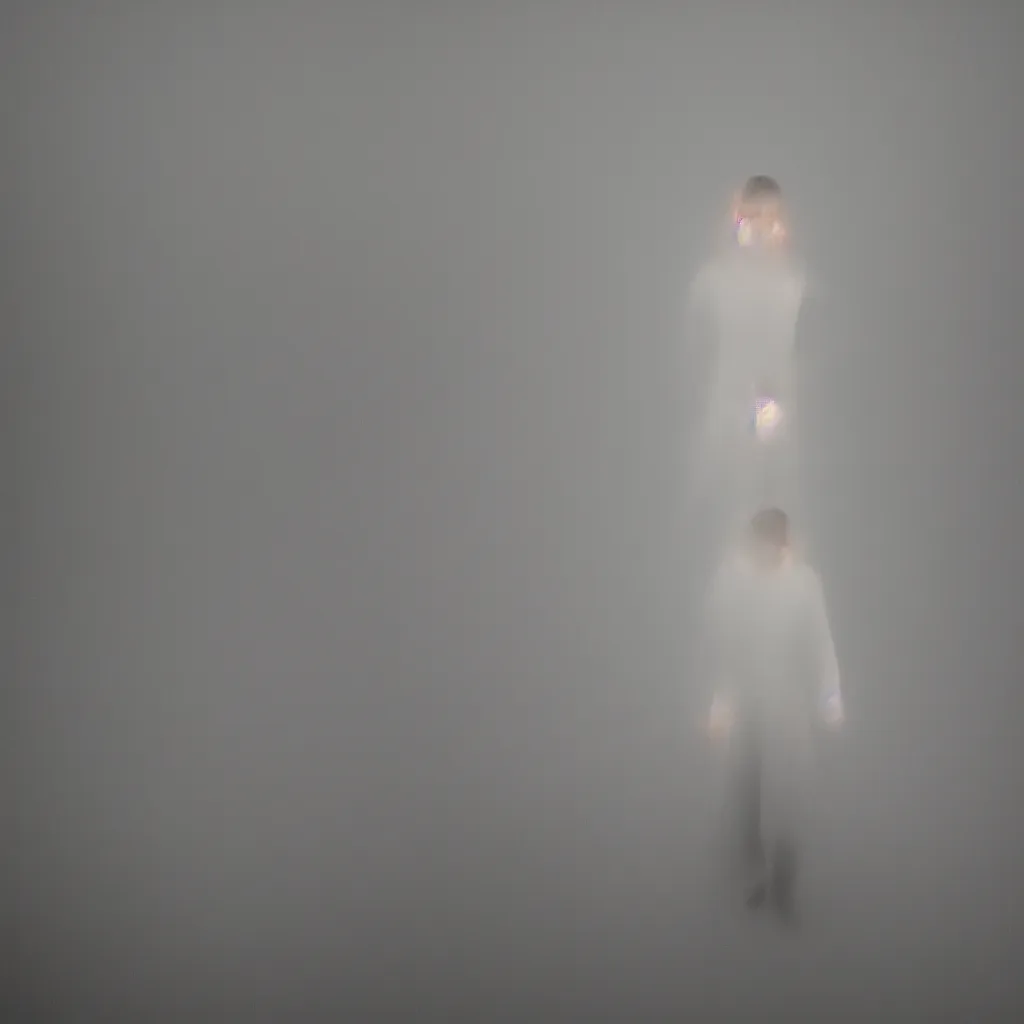 Prompt: a blurry aura glowing in a white mist, human glowing, highly detailed