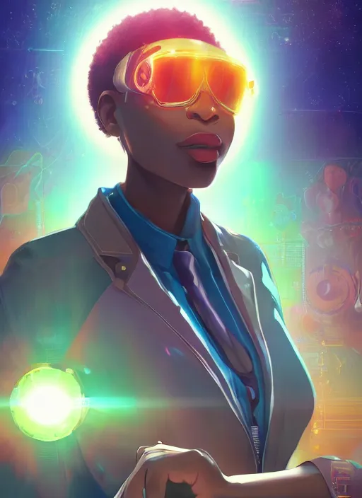 Image similar to afro - futurist scientist, computers and holograms, hacking the metaverse | hyperrealistic oil painting | by makoto shinkai, ilya kuvshinov, lois van baarle, rossdraws | afrofuturism, in the style of hearthstone, trending on artstation | dark color scheme