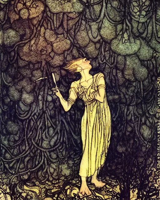 Prompt: a person conjuring!!! an image!!! from of noise!!!, by arthur rackham, maxfield parrish, and larry elmore, kodachrome colors, intricate, chaotic, fantasy realism, hopeful, volumetric lighting