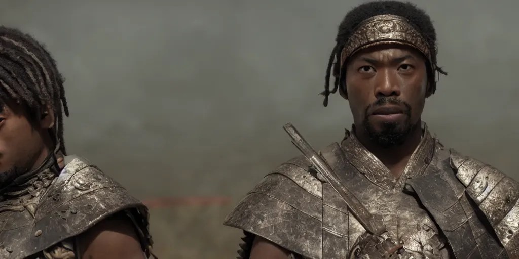 Image similar to a film still of a black man starring in a japanese blockbuster film as san ancient samurai, shallow depth of field, cinematic, award winning cgi, vfx, film still
