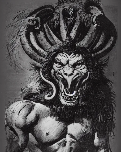 Prompt: a creature with the body and eyes of a man, with the beak of an eagle, the mane of a lion, and the horn of an ox. drawn by frank frazetta