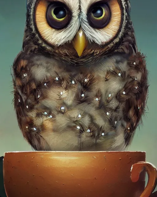 Image similar to long shot of a very cute owl chick nesting in a mug, esao andrews, humorous illustration, hyperrealistic, big depth of field, warm colors, night scenery, low light, 3 d octane render, 4 k, concept art, hyperdetailed, hyperrealistic, trending on artstation