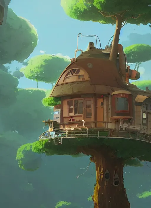 Image similar to a cute house in a giant tree, nuclear powered, detailed, futuristic, cory loftis, james gilleard, atey ghailan, makoto shinkai, goro fujita, studio ghibli, rim light, exquisite lighting, clear focus, very coherent, plain background