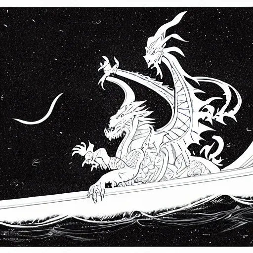 Image similar to an ancient white dragon emerges from a sailing boat, very detailed, prophet graphic novel, ilya kuvshinov, mcbess, rutkowski, simon roy wide shot, colorful, deep shadows,