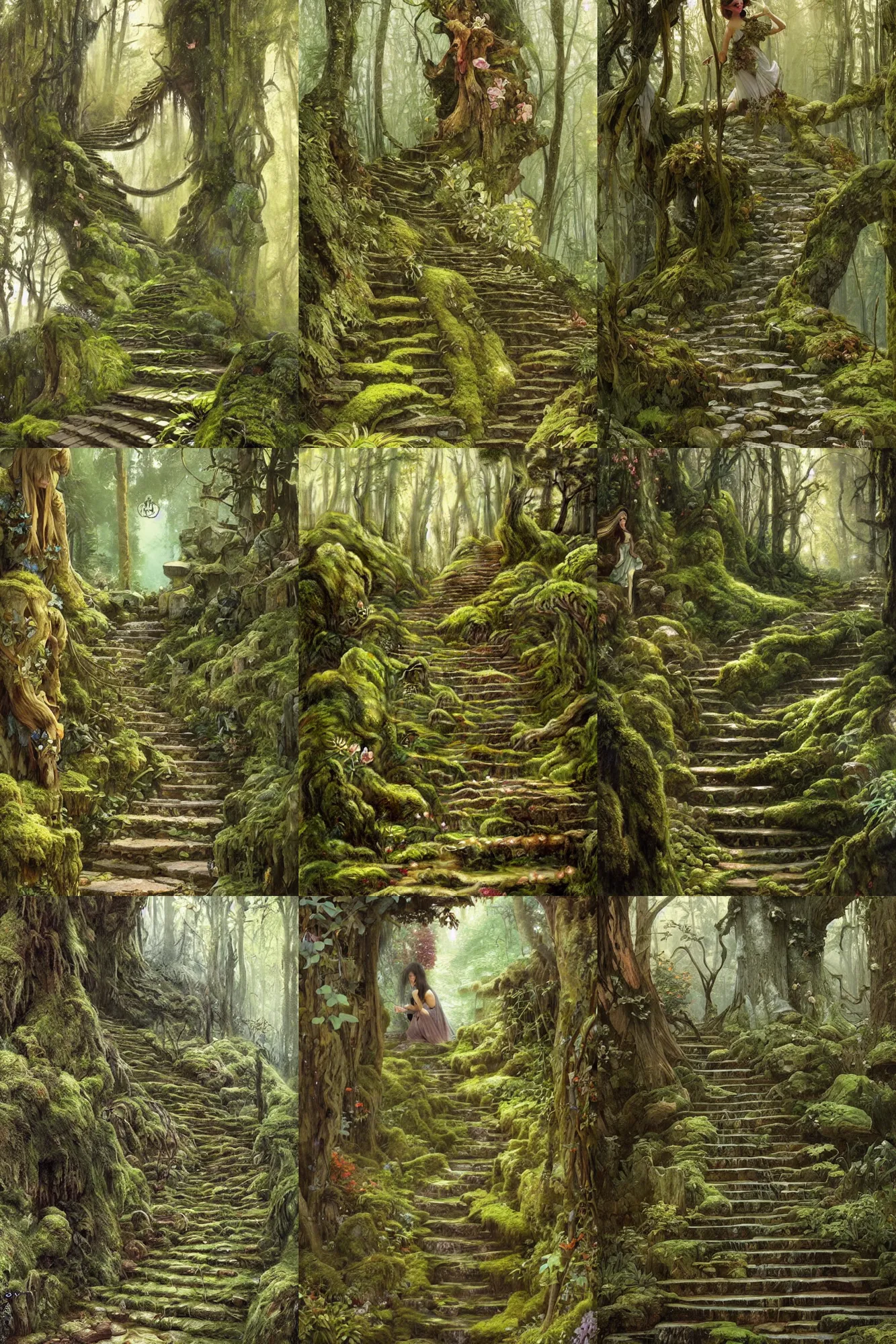 Prompt: A whimsical forest, ancient steps, moss, overgrown by Artgerm and greg rutkowski and alphonse mucha