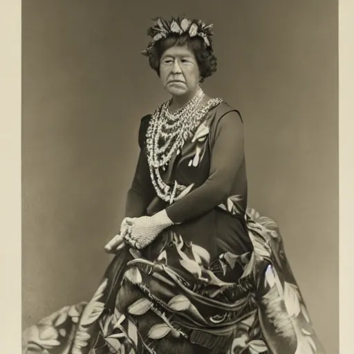 Image similar to a studio portrait of Liliuokalani, the queen of Hawaii, realistic, beautiful