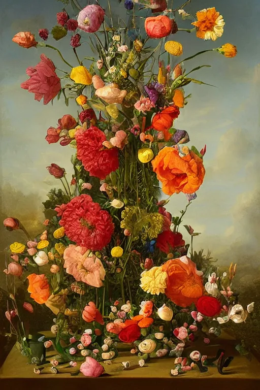 Image similar to painting of human flowers in a vase on a table, by rachel ruysch, pop surrealism, biomorphic, made of men