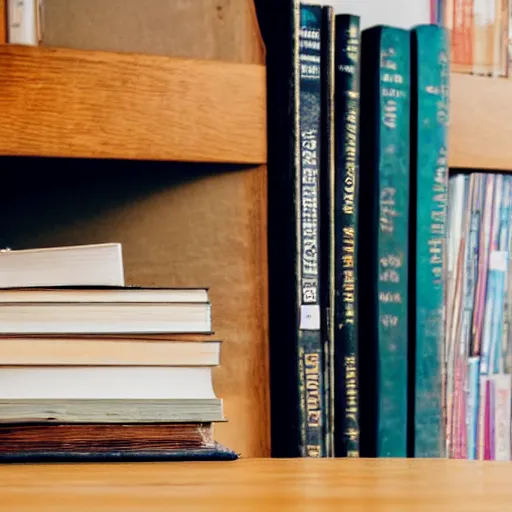 Prompt: A collection of books on a table with an oak bookshelf in the background.