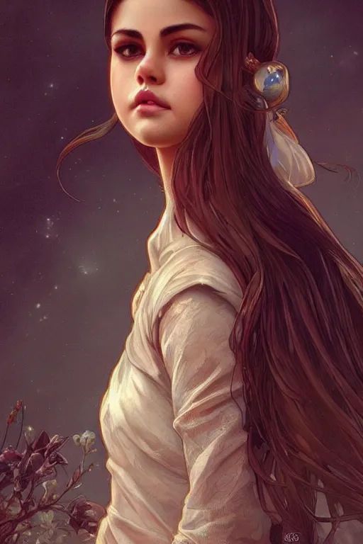 Image similar to beautiful cottagecore selena gomez, intricate, swagger, highly detailed, digital painting, artstation, concept art, smooth, sharp, focus, illustration, art by artgerm and greg rutkowski and alphonse mucha