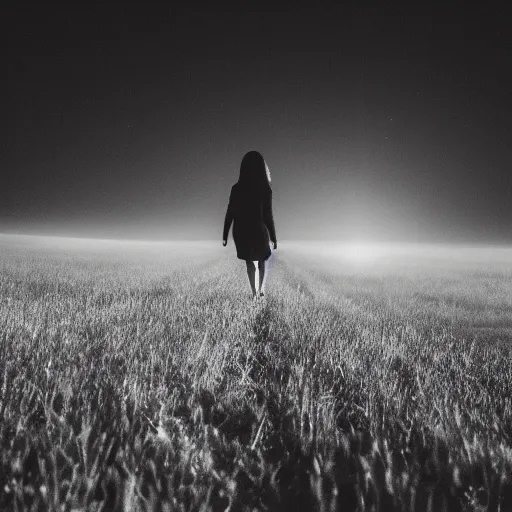 Prompt: A girl walks in a field under the moonlight, old black and white photo