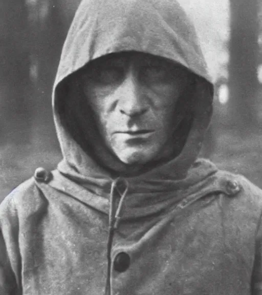 Image similar to a man wearing hooded mask at distance, ww1 film photo, grainy, high detail, high resolution