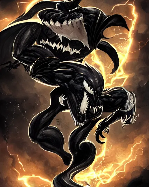 Image similar to venom as batman, with the powers of flash, dynamic lighting, fantasy concept art, trending on art station, stunning visuals, creative, cinematic, ultra detailed, comic strip style, sumihei