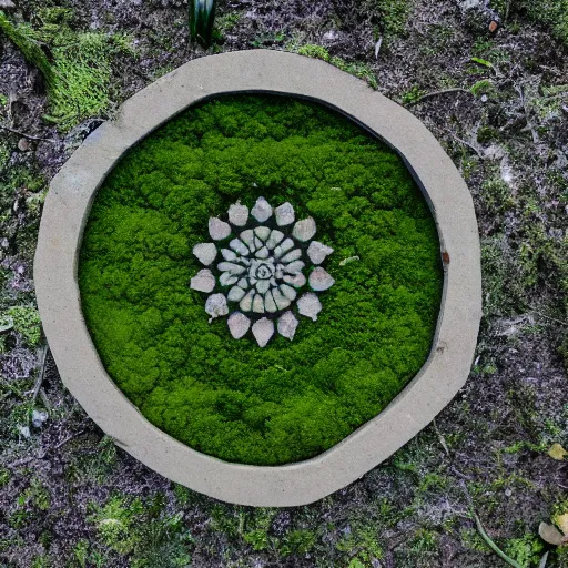 Prompt: a concrete mandala filled with water and overgrown with moss