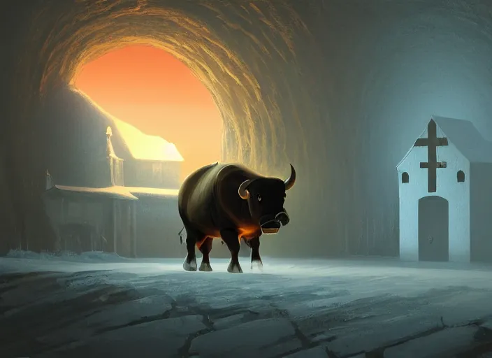 Prompt: the tunnel into winter, cottagecore, giant bull inside church, glowing eyes, by Baksinsky, painted by Goro Fujita