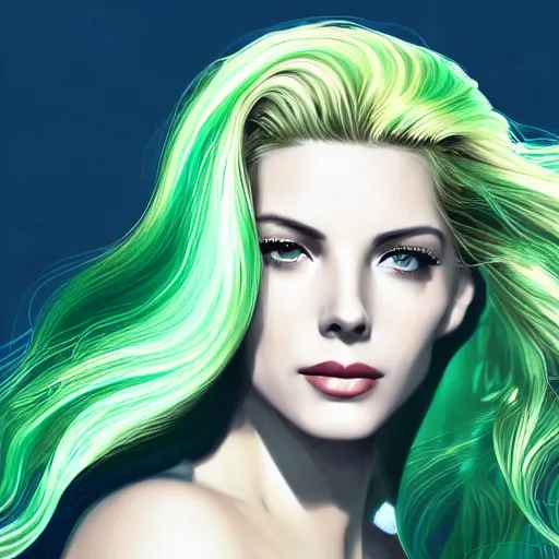 Image similar to A combination of Grace Kelly's and Katheryn Winnick's and Ashley Greene's faces with light green hair as a mermaid on the beach, cyberpunk style, synthwave aesthetic, fantasy, intricate, elegant, highly detailed, digital painting, artstation, concept art, matte, sharp focus, illustration, half body portrait, anime style, blue tint, art by Artgerm and Greg Rutkowski and Alphonse Mucha