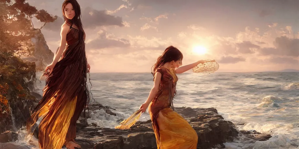 Image similar to ! dream photorealistic long shot of big sun rough sea and jagged rocks, nets, plastic bottles, garbage, sand and sea, golden hour, dark mystical goddess wearing a qipao, cheongsam, environmental, fantasy, atmospheric, hyper realistic, artstation, art by artgerm, andres rodriguez and john william waterhouse