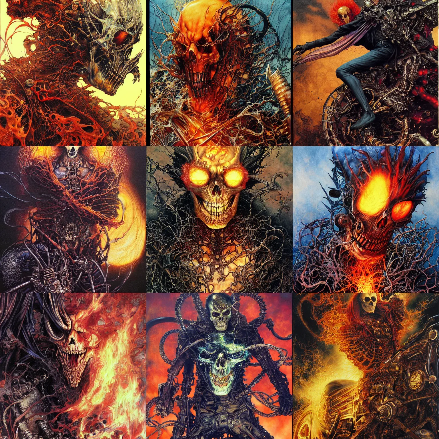 Prompt: realistic detailed image of Ghost Rider by Ayami Kojima, Amano, Karol Bak, Greg Hildebrandt, and Mark Brooks, Neo-Gothic, gothic, rich deep colors. Beksinski painting, part by Adrian Ghenie and Gerhard Richter. art by Takato Yamamoto. masterpiece