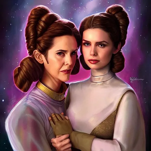 Image similar to princess leia organa and queen padme amidala holding hands, perfect face, perfect body, flirty, full body portrait, digital art by artgerm