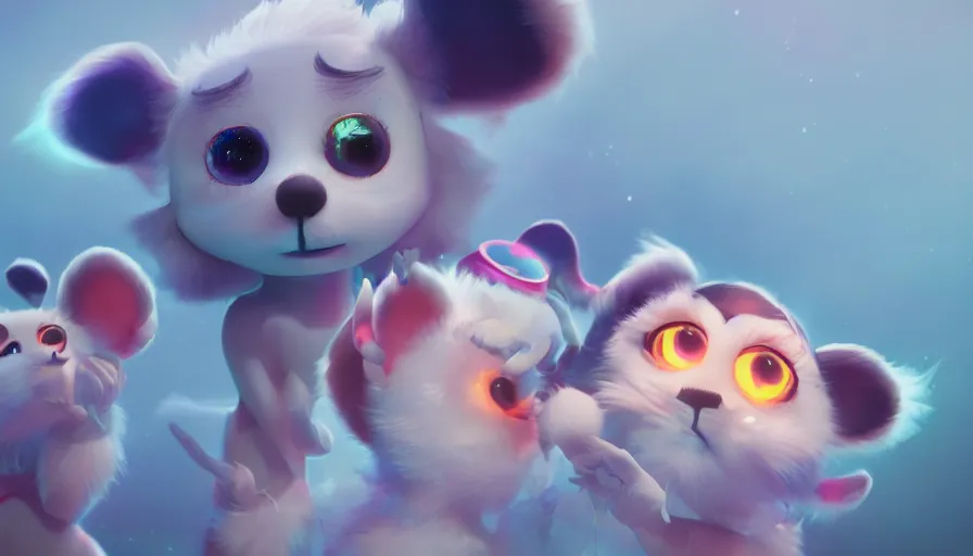 Prompt: a Bioluminescent cute cirsus performers, big disney eyes, fur and cuteness, a lineup of characters, Trending on Artstation, oil on Canvas by Elena Zhurikhina and Goro Fujita and Charlie Bowater, octane render, 4k, 8k, HD