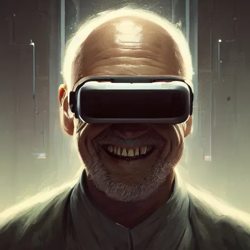 Image similar to Portrait of a man by Greg Rutkowski, symmetrical face, an old man using a VR Headset covering his eyes, Kubric Stare, crooked and uncanny smile smile, highly detailed portrait, scifi, digital painting, artstation, book cover, cyberpunk, concept art, smooth, sharp foccus ilustration, Artstation HQ
