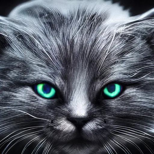 Image similar to full body pose, hyperrealistic photograph of a nightmare kitten, dim volumetric lighting, 8 k, octane beautifully detailed render, extremely hyper detailed, intricate, epic composition, cinematic lighting, masterpiece, trending on artstation, very very detailed, stunning, hdr, smooth, sharp focus, high resolution, award, winning photo, dslr, 5 0 mm