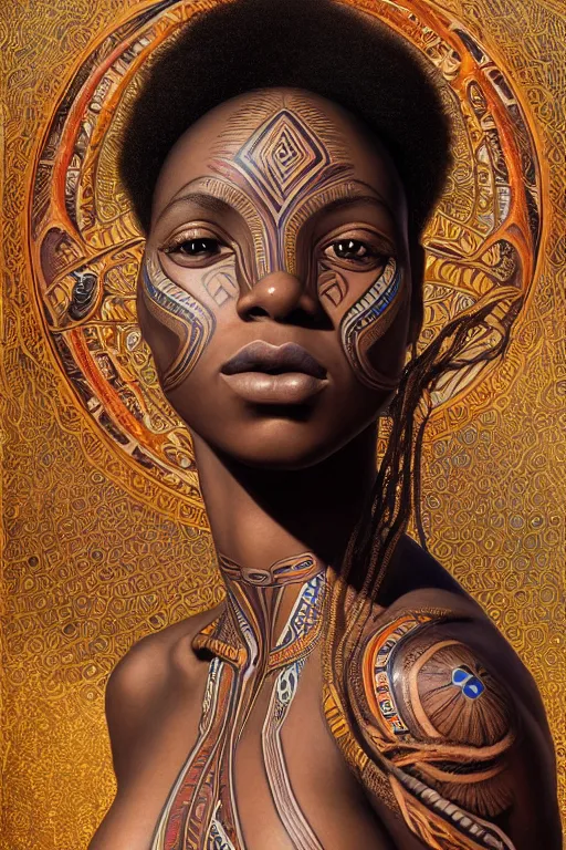 Image similar to body portrait of beautiful nubian ancestral tribal tattooed young pincess, underwater photography full body portrait of a young beautiful woman swimming low angle by terry o'neill intricate, elegant, highly detailed, digital painting, artstation, concept art, smooth, sharp focus, illustration, art by artgerm and greg rutkowski and alphonse mucha, 8 k