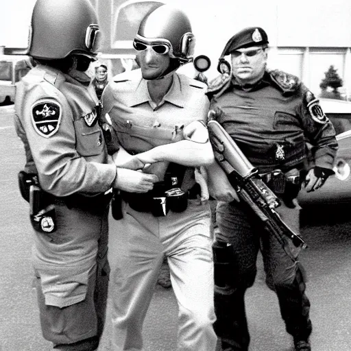 Image similar to extraterrestrial zeta reticulan grey alien, being arrested by spetsnaz