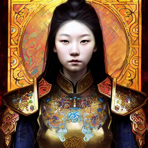 Image similar to beautiful and divine and holy and elite and colorlpunk young three kingdom chinese female armor knight portrait +shinnyy eyes+front face with light flowing hair, ultradetail face, art and illustration by tian zi and craig mullins and WLOP and alphonse mucha, fantasy, intricate complexity, human structure, human anatomy, fantasy character concept, watermark, blurry, hyperrealism 8k