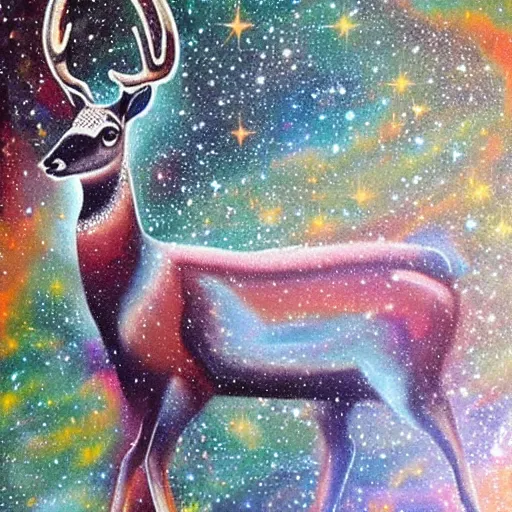 Prompt: wild deer in space, mural art