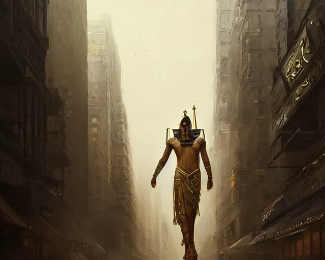 Image similar to a gigantic egyptian god walking the streets of new york, intricate, elegant, highly detailed, digital painting, artstation, concept art, matte, sharp focus, illustration, art by anders zorn and greg rutkowski and marvel