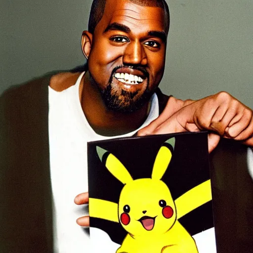 Image similar to kanye west smiling holding pikachu for a 1 9 9 0 s sitcom tv show, studio photograph, portrait c 1 2. 0