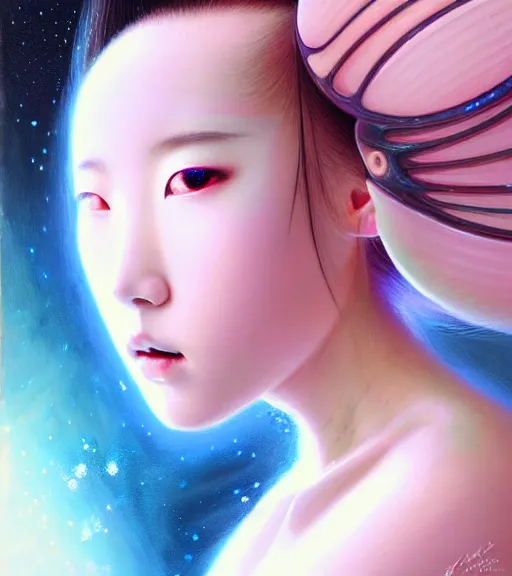 Image similar to close-up of a Japanese teen beautiful celestial Goddess wearing a futuristic lush spacesuit exposed in cryo chambers by James Jean, captivating, seductive facial look, intricate, majestic, chic, elegant, highly detailed, centered, digital painting, high-end pink light, artstation, concept art, smooth, sharp focus, illustration, by Peter Mohrbacher, WLOP