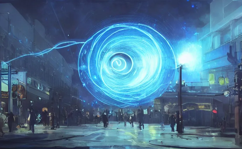 Image similar to people with posters attacking cops, a huge blue spiral - shaped white luminous attractor is floating on the horizon near the sun, stores in los angeles with light screens all over the street, concept art, art for the game, professional lighting, dark night lighting from streetlights, by ilya repin