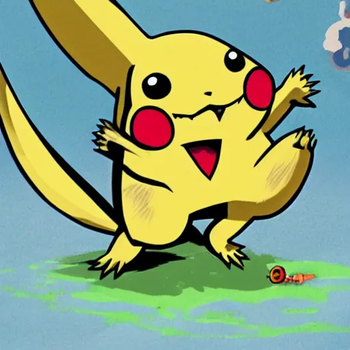 Image similar to an evil pikachu with big sharp teeth and too many eyes looks hungrily at a charlizard